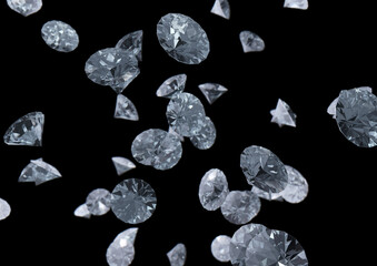 Falling diamond gems on black background. Luxury concept 3d rendering illustration