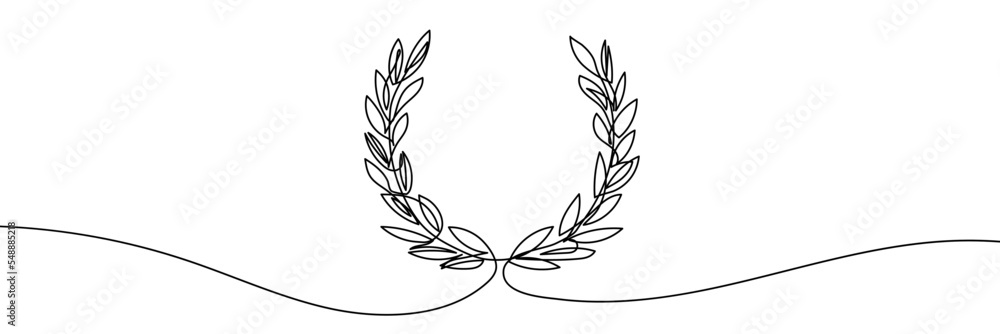 Wall mural Laurel wreath one line art. Continuous line drawing of festive, solemn wreath with ribbons