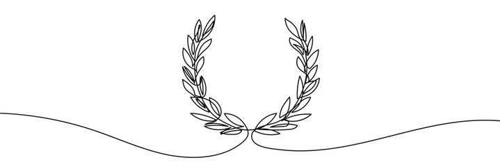 Laurel wreath one line art. Continuous line drawing of festive, solemn wreath with ribbons