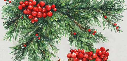 watercolor christmas holly branches decorations and balls for  background, holly branches fir over white paper, green and red tones