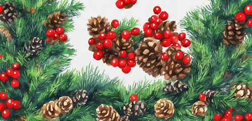 watercolor christmas holly branches decorations and balls for  background, holly branches fir over white paper, green and red tones