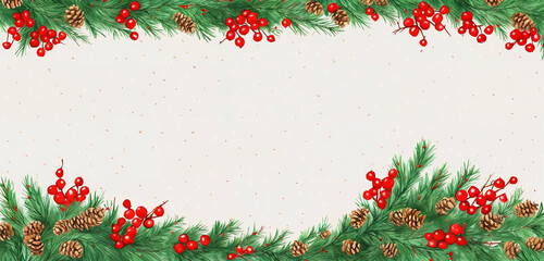 watercolor christmas holly branches decorations and balls for  background, holly branches fir over white paper, green and red tones