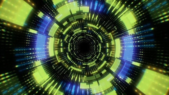 Abstract neon vj tunnel, moving blue and green dots information futuristic interface, glowing hi tech motion background, acid psychedelic cyber punk concept, seamlessly looping 4k