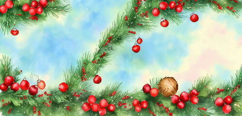 Fototapeta na wymiar watercolor christmas holly branches decorations and balls for background, holly branches fir over white paper, green and red tones