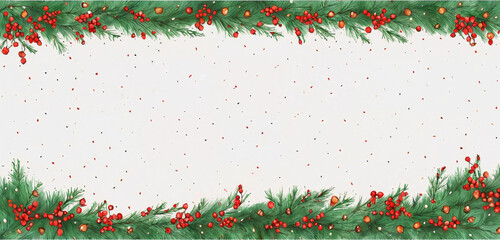 watercolor christmas holly branches decorations and balls for  background, holly branches fir over white paper, green and red tones