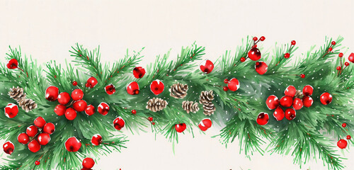 watercolor christmas holly branches decorations and balls for  background, holly branches fir over white paper, green and red tones