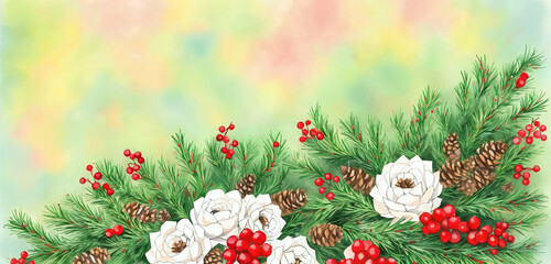 watercolor christmas holly branches decorations and balls for  background, holly branches fir over white paper, green and red tones