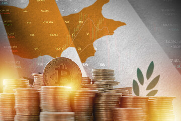 Cyprus flag and big amount of golden bitcoin coins and trading platform chart. Crypto currency