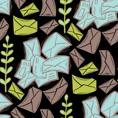 Envelop letter and plant. Romantic seamless vector pattern design for background, digital paper, wallpaper, textile print, fabric texture. Hand drawn elegant illustration. Retro communication style.