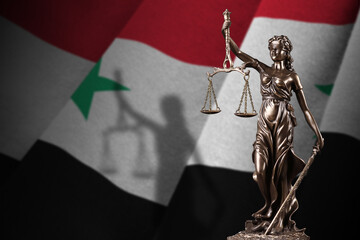 Syria flag with statue of lady justice and judicial scales in dark room. Concept of judgement and...