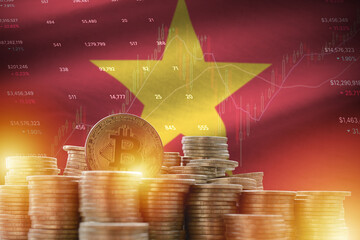 Vietnam flag and big amount of golden bitcoin coins and trading platform chart. Crypto currency
