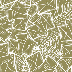 Envelop letter and plant. Romantic seamless vector pattern design for background, digital paper, wallpaper, textile print, fabric texture. Hand drawn elegant illustration. Retro communication style.
