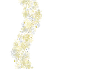 Gold snowflakes frame on white background. New year theme. Horizontal shiny Christmas frame for holiday banner, card, sale, special offer. Falling snow with gold snowflake and glitter for party invite