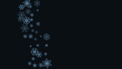 Snowflake border for Christmas and New Year celebration. Holiday snowflake border on black background  with sparkles. For banners, gift coupons, vouchers, ads, party events. Horizontal frosty snow.