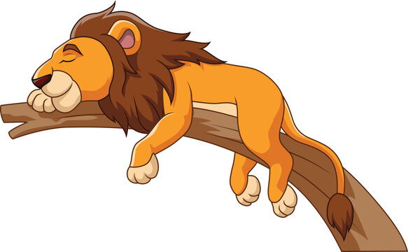Cartoon lion sleeping on tree branch