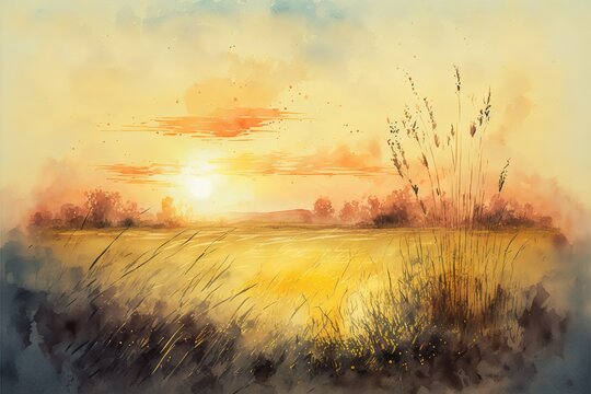 grassland sunrise watercolor landscape background