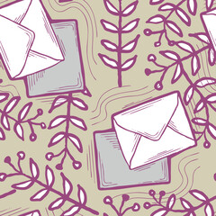 Envelop letter and plant. Romantic seamless pattern design for background, digital paper, wallpaper, textile print, fabric texture. Hand drawn elegant illustration. Vintage retro communication style.