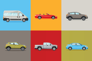 Set of cars. Collection of colorful vehicles, posters or banners for website. Speed and travel, adventure. Pickup, passenger car, convertible and van concept. Cartoon flat vector illustration