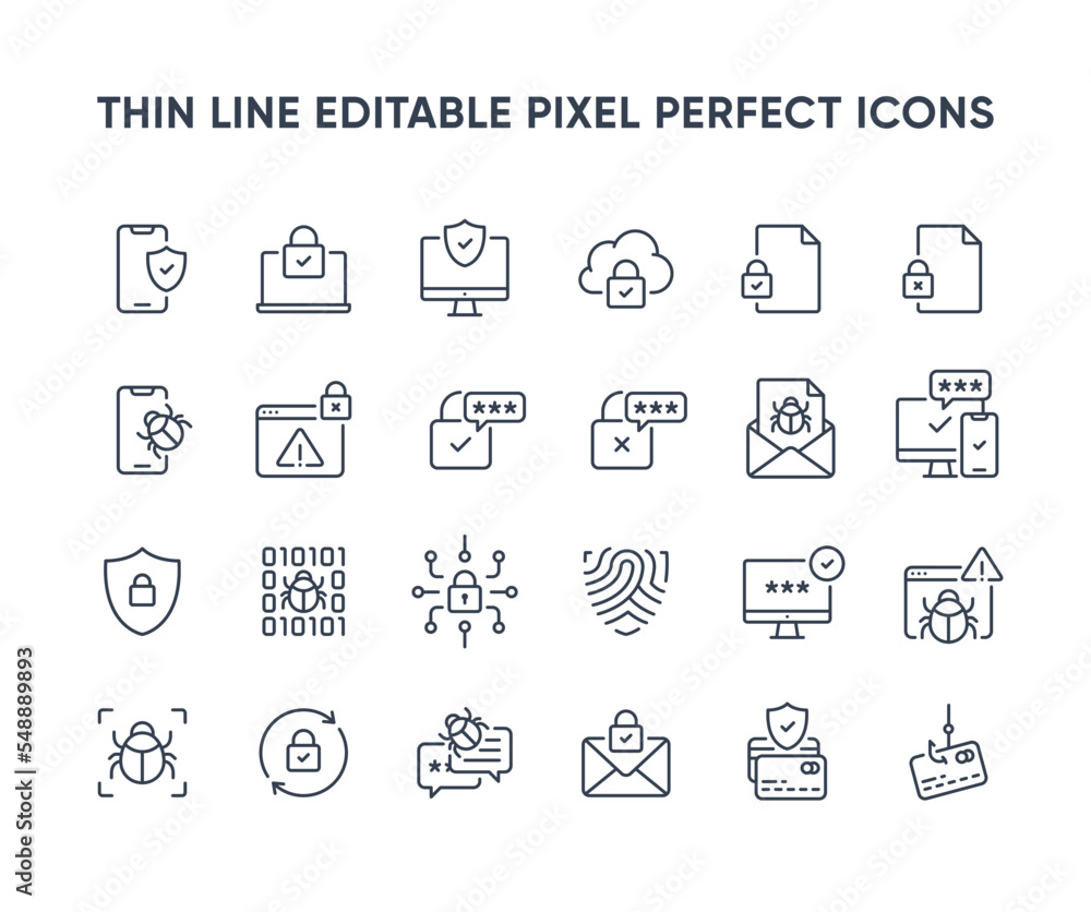 Poster cyber security vector line icons. privacy and internet protection icon collection. computer and smar