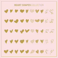 Big set of gold hand drawn hearts. Vector illustration love shapes. Isolated on pink background