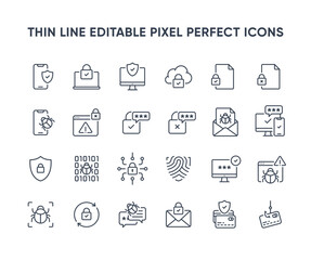 Cyber security vector line icons. Privacy and internet protection icon collection. Computer and smartphone network security symbols. Editable pixel perfect