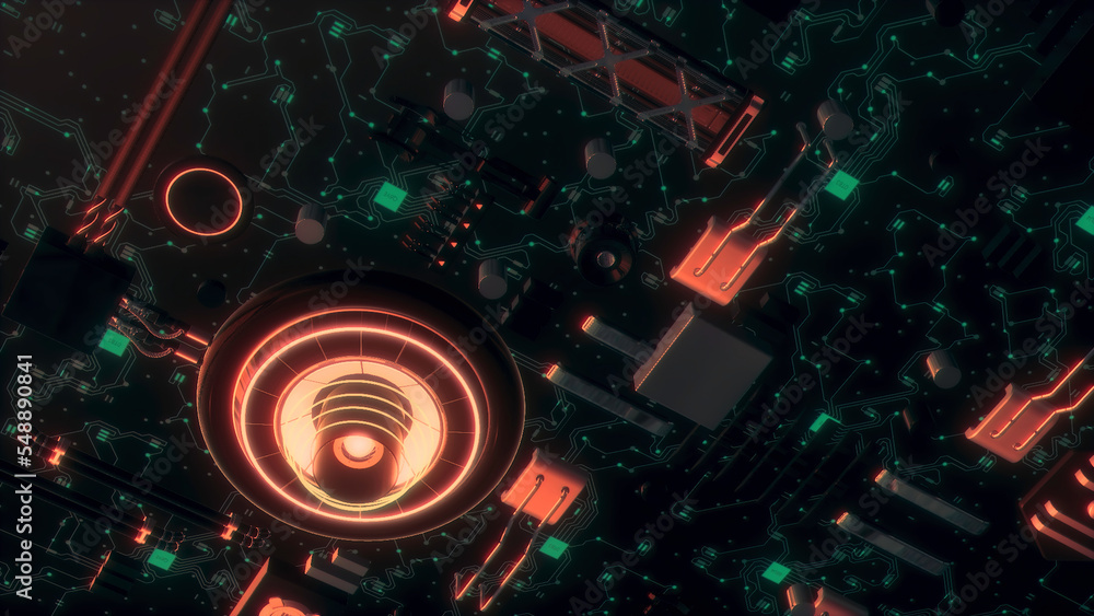 Poster neon computer chip system. motion. futuristic computer technology system with neon lines and details