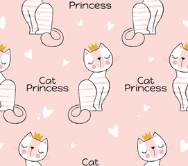 Cute cats seamless pattern. Repeating design element for printing on fabric. Aesthetics and elegance, pets and kittens in crown, princess. Fashion, trend and style. Cartoon flat vector illustration