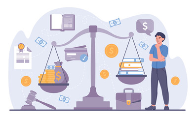 Business ethics concept. Young guy in shirt stands and looks at scales with money, evaluates rules of company. Lawfulness and goals of organization, policies. Cartoon flat vector illustration