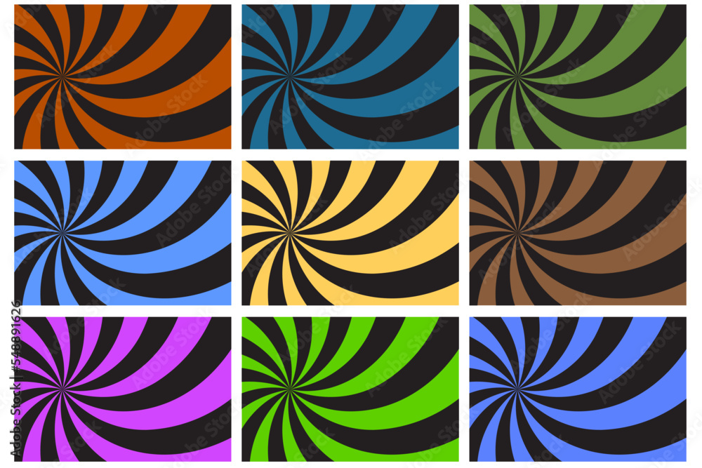 Poster set spiral rays. vintage retro. optical pattern. circular frame. vector illustration. stock image.