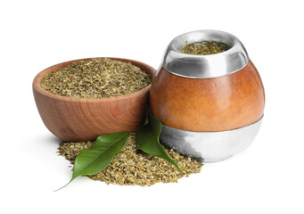 Calabash and bowl with mate tea on white background