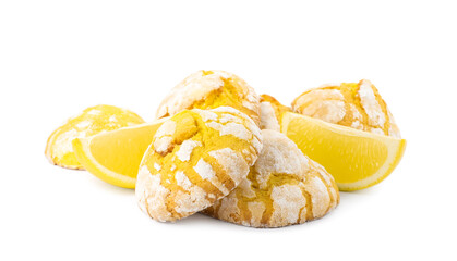 Tasty homemade lemon cookies and fresh fruit on white background