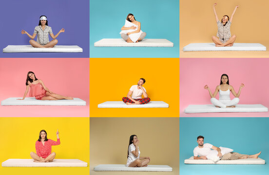 Collage with photos of people on soft comfortable mattresses on different color backgrounds