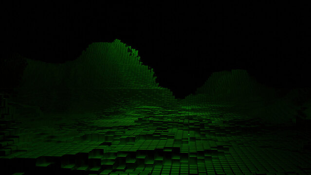 3d mountains of pixels. Design. Movement in 3d relief with mountains of square pixels. 3D model of cyber relief of mountain valley