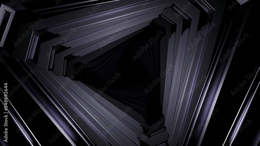 Poster triangular 3d tunnel. design. moving triangular tunnel with darkness. 3d tunnel with metal triangula