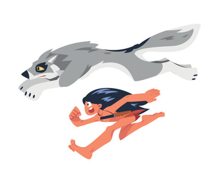 Mowgli as Feral Boy from Jungle Raised by Wolves Running with Wolf Brother Vector Illustration