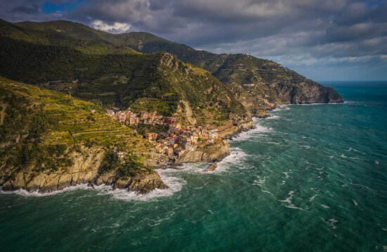 Manarola town, Cinque Terre national park, Liguria, Italy. Aerial drone picture. September 2022