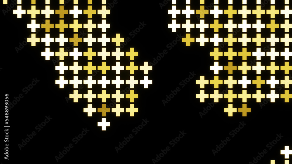 Poster background with mosaic symbols moving on black background. design. neon pluses move in retro style. 