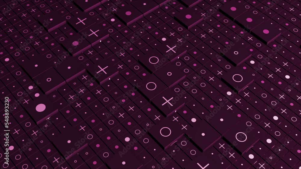 Poster background of squares on surface with signs. motion. 3d computer background with squares and images 
