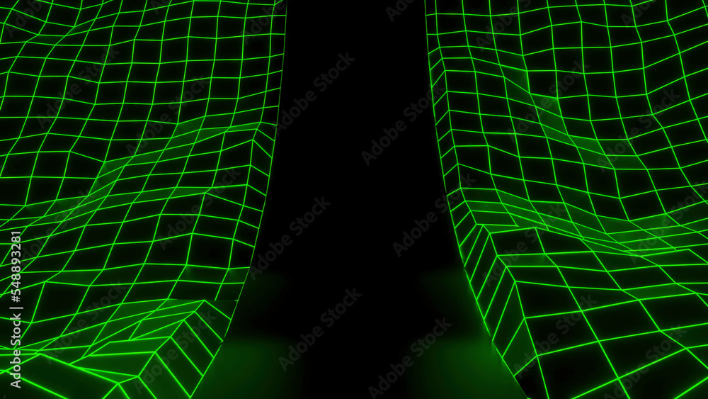 Poster moving curved space with computer grids. design. slide with neon retro grid in cyberspace. racing ro