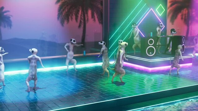 VJ loop animation meerkat dance, vaporwave synthwave, disco club palm tree, DJ playing neon light