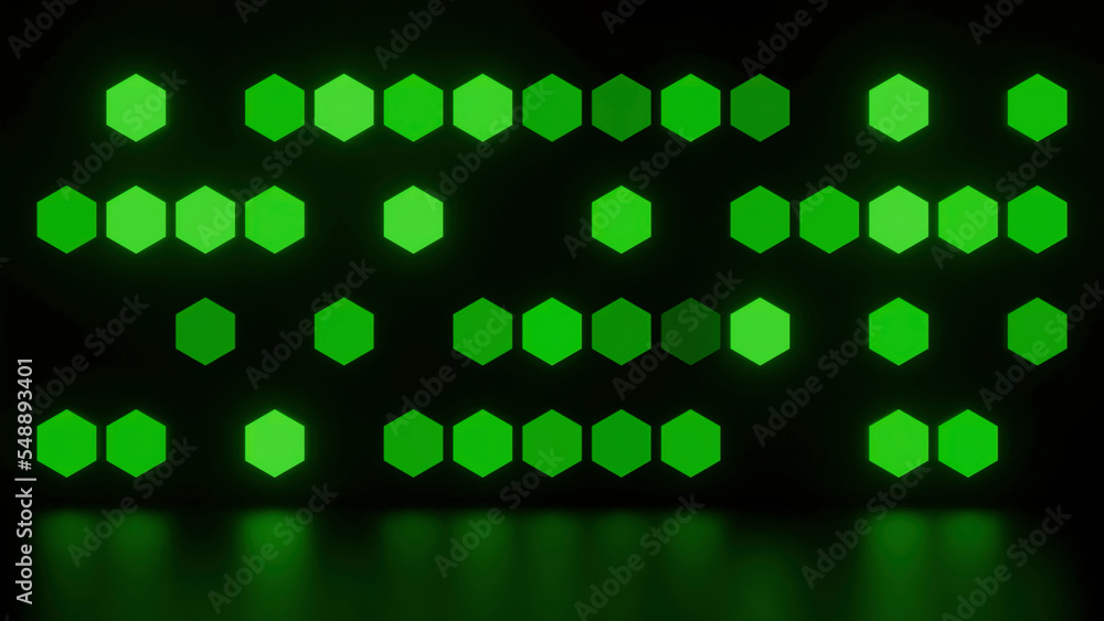 Poster background of flashing hexagons. design. glowing hexagons with reflection on surface of black backgr