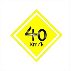 Maximum allowed speed sign 40 kilometers per hour. Banner with white background and yellow rhombus.