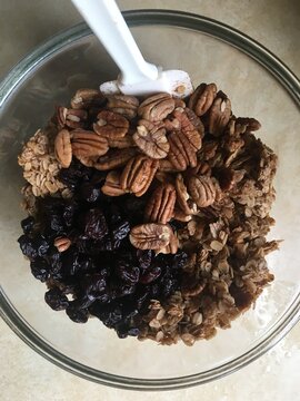 Granola ingredients in mixing bowl