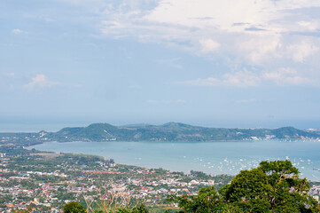 Phuket island view point. Beautiful tropical landscape with city on the sea shore.