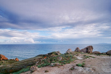 Crimean bay, Ukraine. Landscape with sea rock shore.