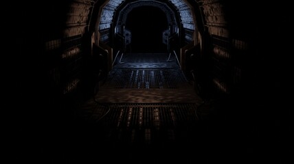 Laboratories and corridor in dark scene 3D rendering sci-fi wallpaper backgrounds