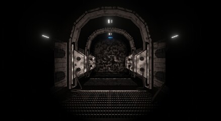 Corridor grating sci-fi room interior 3D rendering industrial wallpaper backgrounds