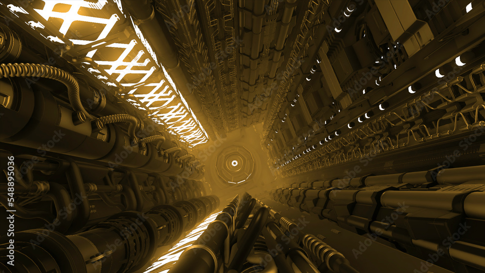 Poster inside futuristic canal with pipes. motion. technical 3d tunnel with neon lines and pipes. pipes and