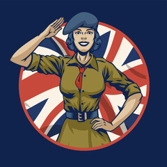 smiling army women saluting with circle United Kingdom flag as background
