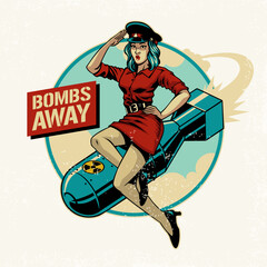 vintage t-shirt design of soldier woman sitting on the big bomb